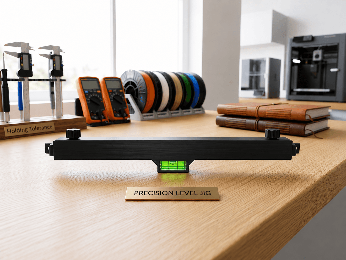 Black FrameMark Leveling Jig with built-in bubble level on a workshop bench