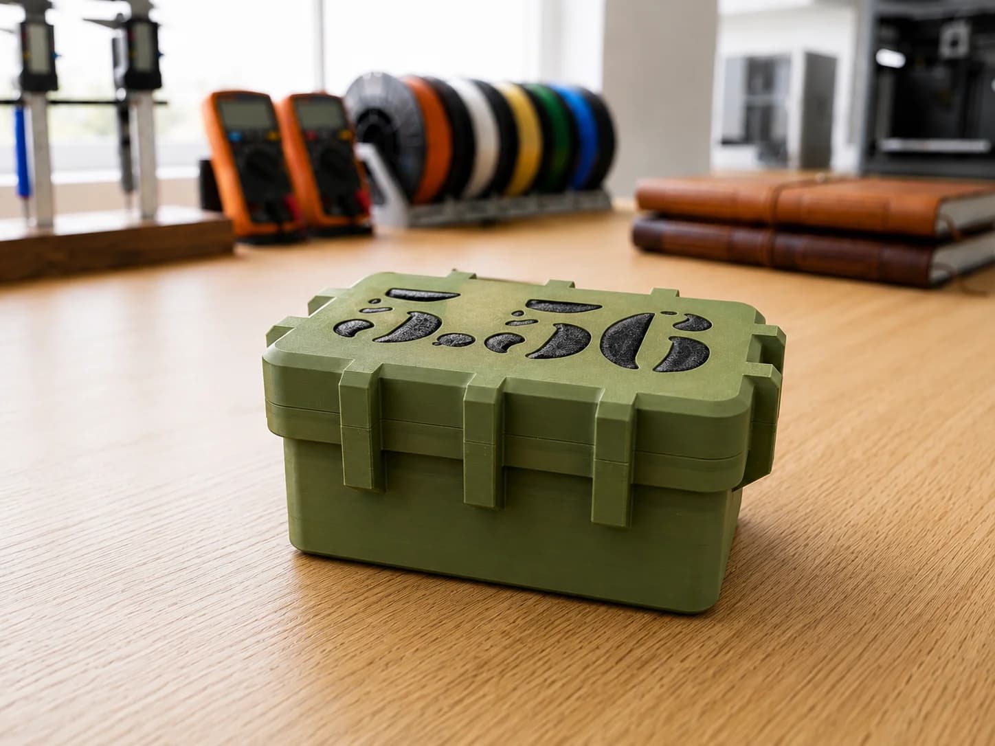 Army green 50-round 5.56 ammo storage box with magnetic lid